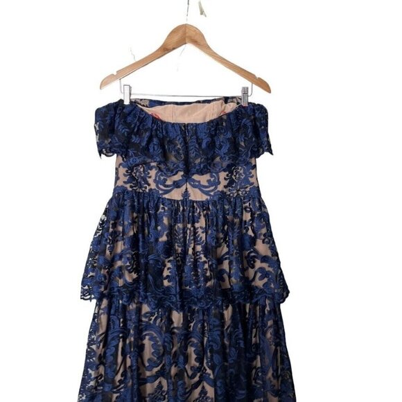 ML Monique Lhuillier Midnight Lace Strapless Tiered Evening Gown Formal Dress 14 - Picture 7 of 8